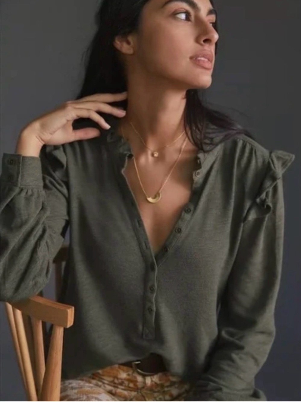 Pilcro Anthropologie Olive Ruffle Henley Long Sleeve Top Size S